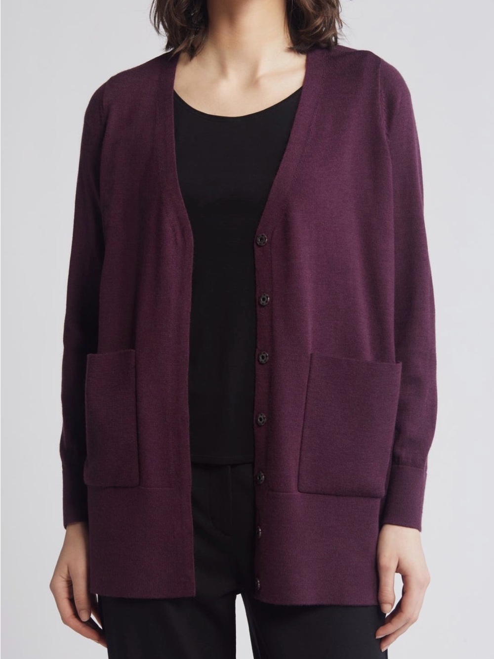 Eileen Fisher V-Neck Snap Front Wool Cardigan Blackberry, XL